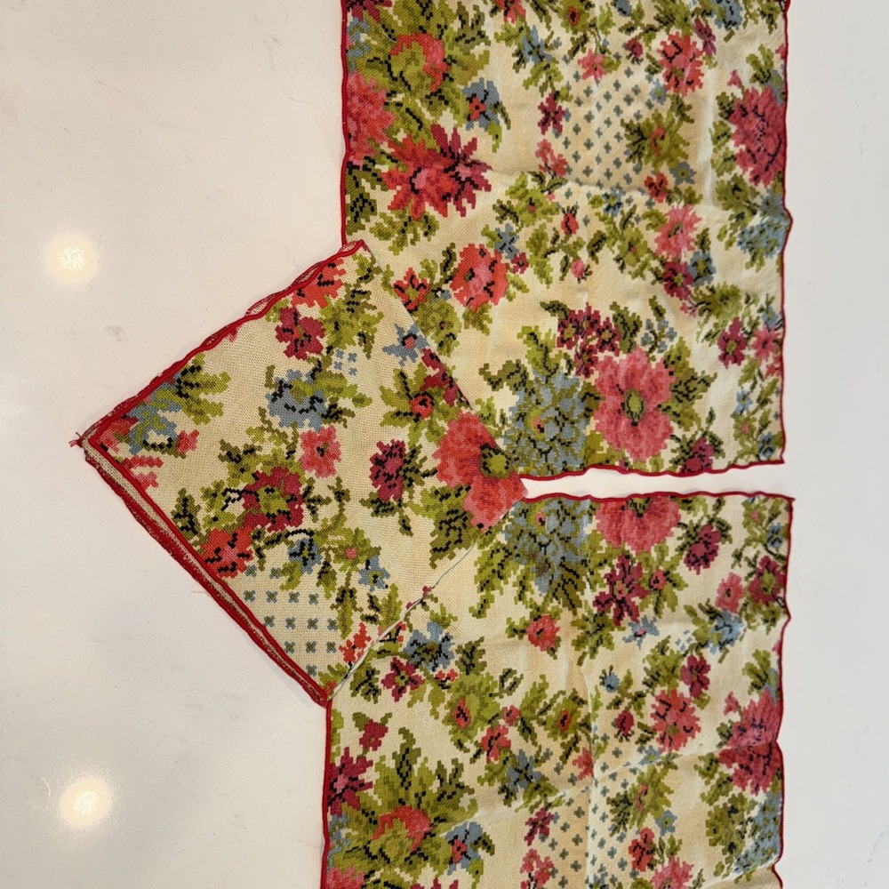 Vintage Floral Cross Stitch Print Napkins Set of 3 Red Merrow Edge Cottagecore